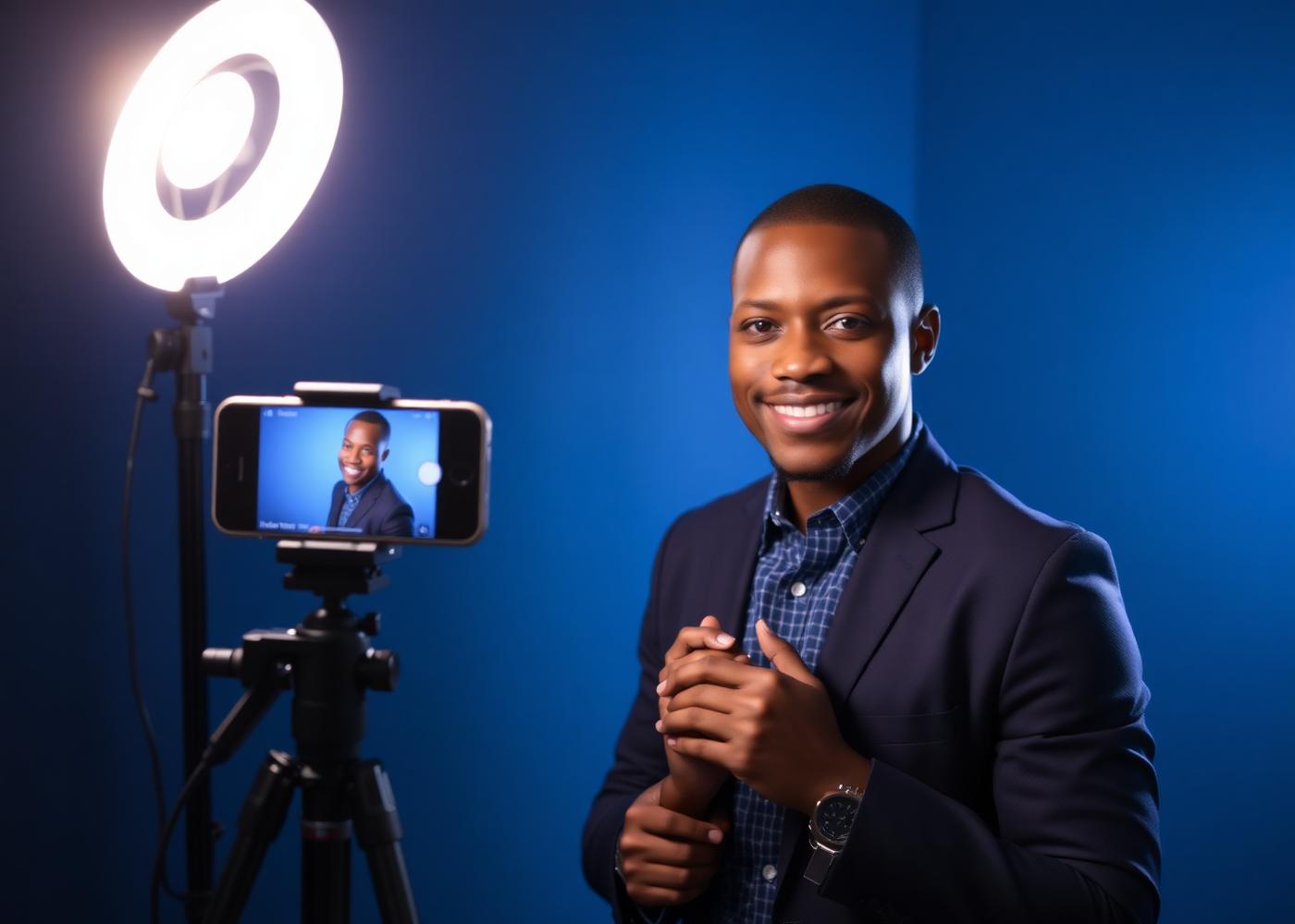 Business professional recording a marketing video with a phone and ring light