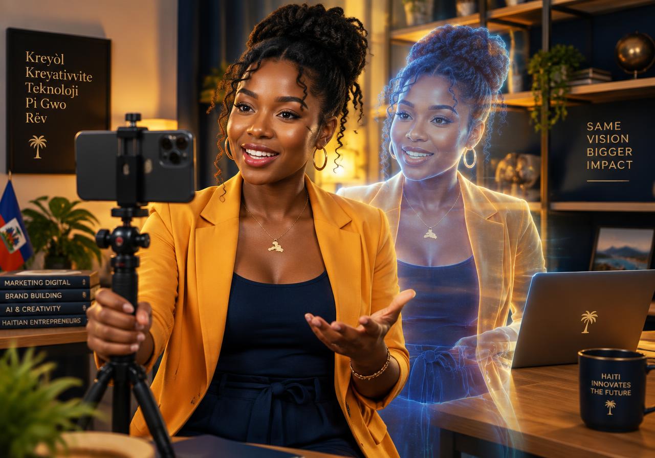 Young entrepreneur filming a marketing video while her AI clone stands beside her
