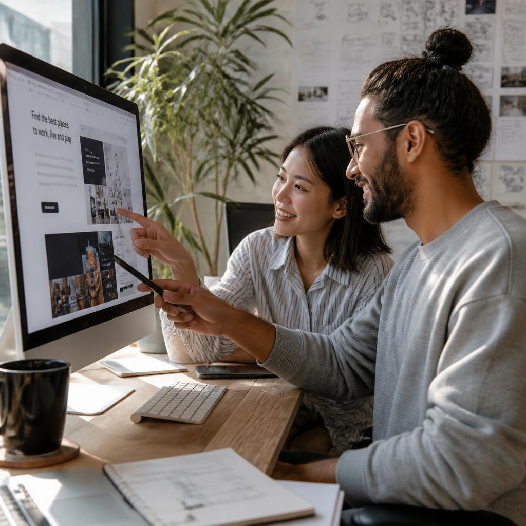 Two designers reviewing a finished website layout on a large screen