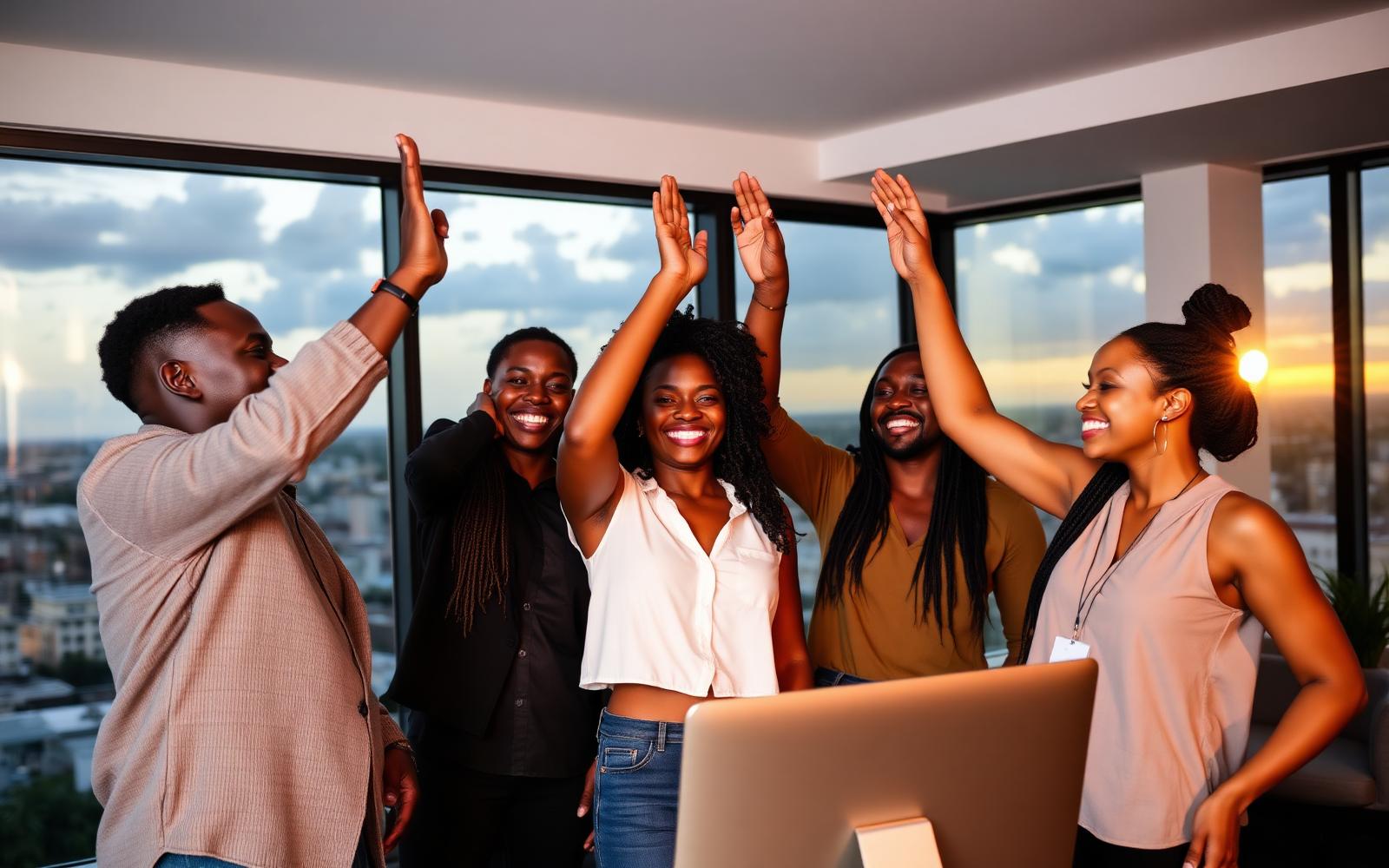 Jeunes professionnels haïtiens célébrant ensemble une réussite